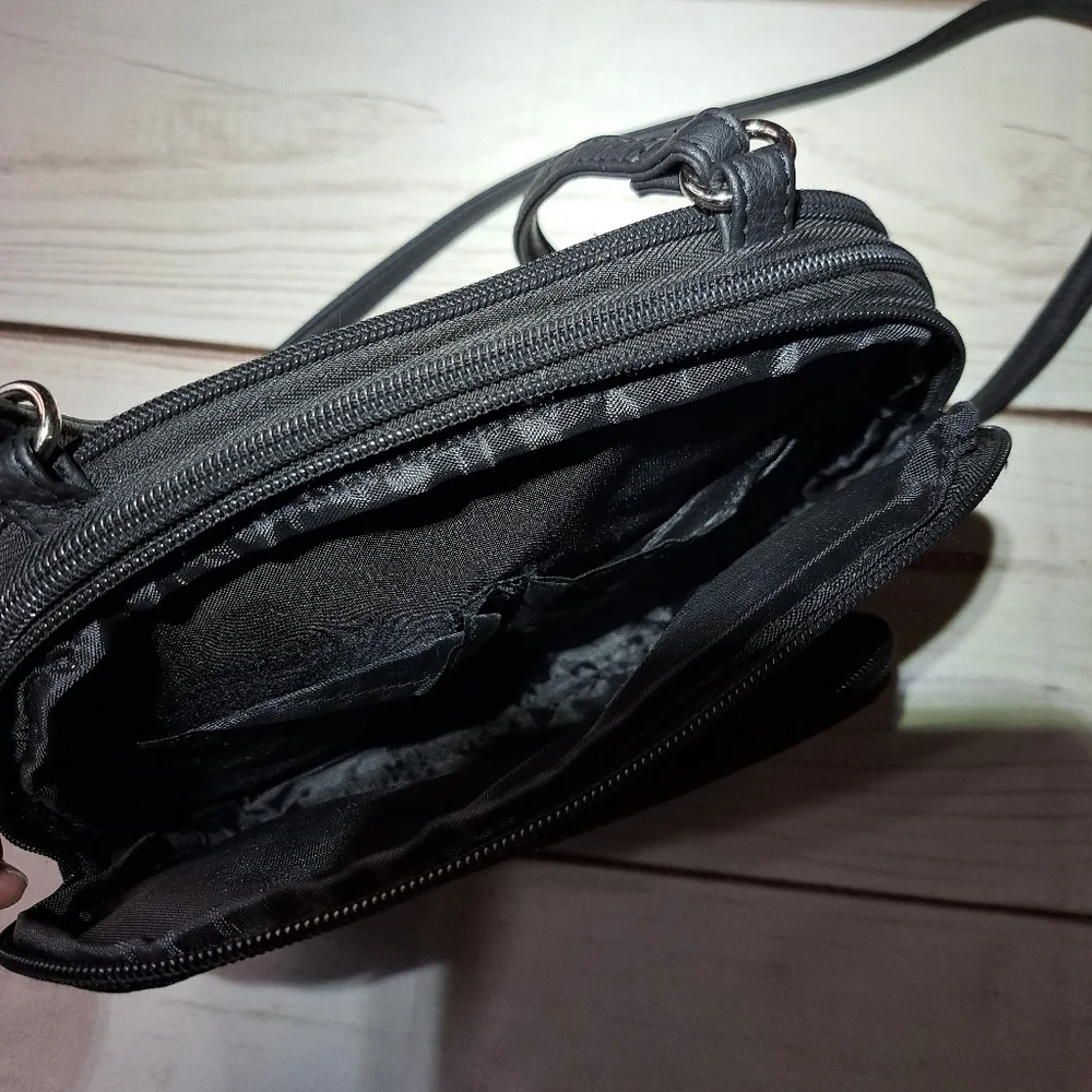 Multisac Black And Blue Pin Stripe Crossbody Purse Lots Of Pockets